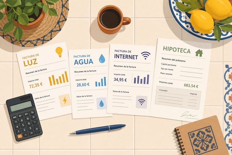 Facturas del hogar español sobre una mesa: luz, agua, internet e hipoteca