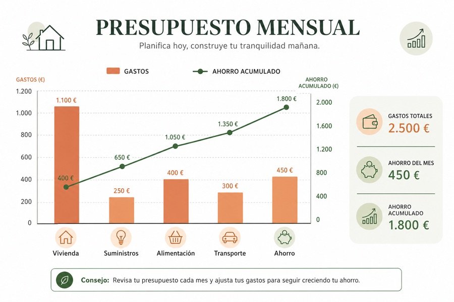 Gráfico de presupuesto mensual del hogar con categorías: vivienda, suministros, alimentación, transporte y ahorro