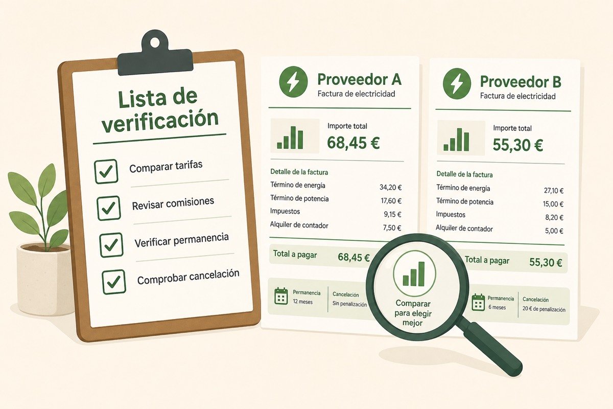 Lista de verificación con lupa comparando dos facturas de suministros